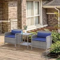 Outsunny 3 Piece Patio Furniture Set w/ Cushions, PE Rattan Outdoor Table And Chairs, 2-Tier Glass Top Coffee Table, Blue(m-2)