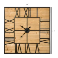 HOMCOM 36 Inch Large Wall Clock, Square Silent Non Ticking Metal Wood Farmhouse Roman Numeral Clocks for Living Room Decor, Battery Operated, Black and Natural Wood Color(m-3)