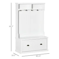 HOMCOM Entryway Bench with Coat Rack, 4 Double Hooks and 2 Compartments, Hall Tree with Bench and Shoe Storage for Hallway, Living Room, White(m-3)