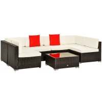 Outsunny 7 Piece Outdoor Patio Furniture Set, PE Rattan Wicker Sectional Sofa Set with Couch Cushions, Throw Pillows and Coffee Table, Orange, White(m-1)