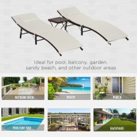 Outsunny Patio Chaise Set, Set Of 2 Folding Pool Lounge Chairs with Side Table, Outdoor PE Rattan Wicker, Cushion, Pillow for Beach, Beige(m-7)