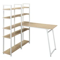 HOMCOM 5 Tier Versatile L-Shaped Computer Desk, Writing Table with Display Shelves and Metal Frame, Space-Saving for Study, Home Office, Natural(m-1)