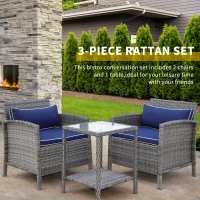Outsunny 3 Piece Patio Furniture Set w/ Cushions, PE Rattan Outdoor Table And Chairs, 2-Tier Glass Top Coffee Table, Blue(m-4)