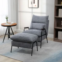 HOMCOM Accent Chair with Ottoman, Reclining Comfy Chair with Adjustable Backrest, Steel Frame and Pillow for Living Room, Bedroom, Light Gray(m-2)