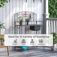 Outsunny Folding Potting Bench Table, Metal Garden Workstation, Work Bench with Large Built-in Bag with Cover, 5 Hanging Hooks & Storage Shelf, Leaf Pattern(m-7)