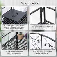 Outsunny Folding Potting Bench Table, Metal Garden Workstation, Work Bench with Large Built-in Bag with Cover, 5 Hanging Hooks & Storage Shelf, Leaf Pattern(m-6)