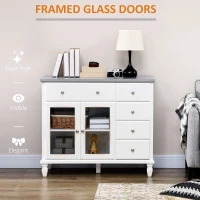 HOMCOM Modern Sideboard Buffet Cabinet with 5 Storage Drawers and Double Glass Door Cupboard for Living Room White(m-5)