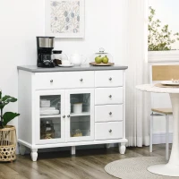 HOMCOM Modern Sideboard Buffet Cabinet with 5 Storage Drawers and Double Glass Door Cupboard for Living Room White(m-2)