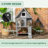 PawHut Wooden Cat House Outdoor with Escape Door, Weatherproof 3-Floor Cat Shelter for 1-2 Feral Cats with Asphalt Roof, Balcony, Stair, Gray(m-6)