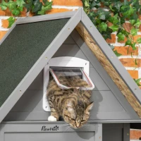 PawHut Wooden Cat House Outdoor with Escape Door, Weatherproof 3-Floor Cat Shelter for 1-2 Feral Cats with Asphalt Roof, Balcony, Stair, Gray(m-8)