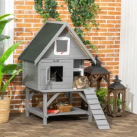 PawHut Wooden Cat House Outdoor with Escape Door, Weatherproof 3-Floor Cat Shelter for 1-2 Feral Cats with Asphalt Roof, Balcony, Stair, Gray(m-2)