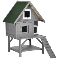 PawHut Wooden Cat House Outdoor with Escape Door, Weatherproof 3-Floor Cat Shelter for 1-2 Feral Cats with Asphalt Roof, Balcony, Stair, Gray(m-1)