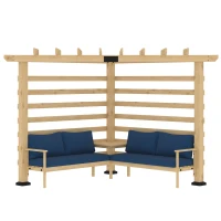 Outsunny 9' x 9' Corner Pergola with Conversation Set and Cushions, Fir Wood Outdoor Pergola with End Table, Natural and Blue(m-9)
