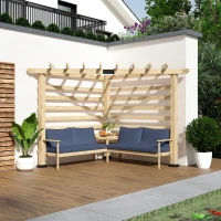 Outsunny 9' x 9' Corner Pergola with Conversation Set and Cushions, Fir Wood Outdoor Pergola with End Table, Natural and Blue(m-1)