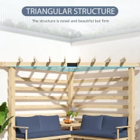 Outsunny 9' x 9' Corner Pergola with Conversation Set and Cushions, Fir Wood Outdoor Pergola with End Table, Natural and Blue(m-5)