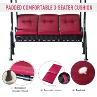 Outsunny 3-Person Porch Swing Chair, Patio Swing Bench with Adjustable Canopy, Removable Thicken Cushion and Weather Resistant Steel Frame for Outdoor, Garden, Poolside, Wine Red(m-5)