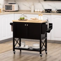 HOMCOM Rolling Kitchen Island Cart with Rubberwood Top and Storage, Black(m-2)