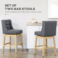 HOMCOM Bar Height Bar Stools Set of 2, 180 Degree Swivel Barstools with Solid Wood Footrests and Button Tufted Design, 30" Seat Height Bar Chairs for Kitchen Island, Gray(m-4)