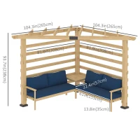 Outsunny 9' x 9' Corner Pergola with Conversation Set and Cushions, Fir Wood Outdoor Pergola with End Table, Natural and Blue(m-3)