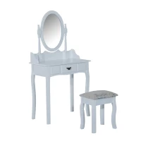 HOMCOM Vanity Table Set Oval Mirror Makeup Dressing Table with Cushioned Stool Bedroom Furniture White(m-2)