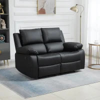 HOMCOM Double Reclining Loveseat, PU Leather Manual Recliner Sofa Chair with Pullback Control Footrest for Living Room, Black(m-1)