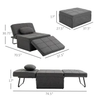 HOMCOM 3-in-1 Convertible Sleeper Sofa Bed Guest Bed Cot Lounge Chair Footstool with 5-Position Backrest Pillow, Linen Grey(m-3)