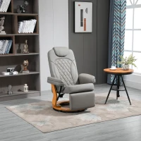 HOMCOM Manual Recliner Chair Faux Leather Upholstered Lounge Reading Armchair Sofa with Footrest, Headrest, Round Wood Base for Living Room, Bedroom, Office, Grey(m-1)