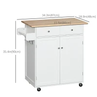 HOMCOM Rolling Kitchen Island with Storage, Kitchen Cart with Rubber Wood Top, Adjustable Shelf, Towel Rack, Hooks and Storage Drawers, White(m-3)