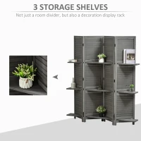 HOMCOM 4-Panel Wall Partition Room Separator with 3 Storage Shelves Foldable Design Wooden Frame 5.6FT Grey(m-4)