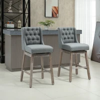 HOMCOM Set of 2 Barstools, 180 Degree Swivel Kitchen Island Stool Dining Room Chairs with Solid Wood Footrests and Button Tufted Design, Grey(m-1)