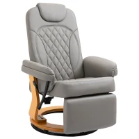 HOMCOM Manual Recliner Chair Faux Leather Upholstered Lounge Reading Armchair Sofa with Footrest, Headrest, Round Wood Base for Living Room, Bedroom, Office, Grey(m-2)
