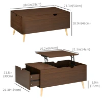 HOMCOM Coffee Table with Wood Legs, Lift Top Coffee Table with Drawer, Hidden Compartment, 38.6" x 21.3" x 18.9", Brown(m-3)