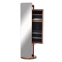 HOMCOM Full Length Mirror with Jewellery Cabinet, Hanging Cloth Bar, Coat Rack, 360° Rotate Floor Mirror for Bedroom, Living Room, Light Walnut(m-2)