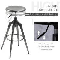 HOMCOM Industrial Backless Bar Stool Metal Swivel Seat Adjustable Height  Silver(m-4)