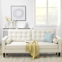 HOMCOM Mid-Century Sofa, Couch with Button-Tufted Back Cushion, Velvet Feel Fabric Upholstery, 2 Cylindrical Pillows and Rubber Wood Legs for Living Room, Cream White(m-7)
