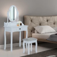HOMCOM Vanity Table Set Oval Mirror Makeup Dressing Table with Cushioned Stool Bedroom Furniture White(m-1)
