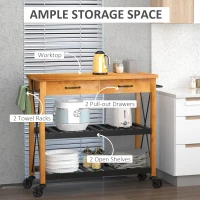 HOMCOM 46" Rolling Kitchen Cart Island on Wheels Trolley, Cabinet with 2 Drawers, Storage Shelf, Natural Rubberwood Top, Black(m-4)