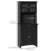 HOMCOM 64.6" Tall Kitchen Pantry Storage Cabinet with Microwave Stand, Freestanding Buffet Cabinet with Hutch, Glass Doors, Drawer and Adjustable Shelves, Black(m-3)