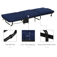 HOMCOM 72.5" Adjustable Folding Bed, Rollaway Guest Bed with Adjustable Head, 2.25 Inch Thick Padded Mattress Heavy Duty Portable Metal Frame with 5 Caster Wheels, Blue(m-7)