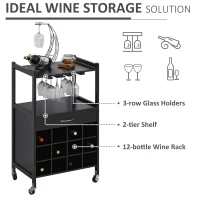HOMCOM Rolling Kitchen Trolley Serving Cart with Drawer, Cup Holder and Wine Rack Storage Cabinet Kitchen Island Cart with Wheels, Black(m-4)