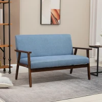 HOMCOM Compact Loveseat Sofa Couch Linen Fabric Double Seat Sofa with Rubber Wood Legs Blue(m-1)
