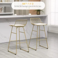 HOMCOM Modern Bar Stools Set of 2, Metal Wire Bar Height Barstools, Bar Chairs for Kitchen with Removable Cushion, Back and Footrest, Gold(m-4)