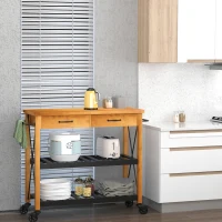 HOMCOM 46" Rolling Kitchen Cart Island on Wheels Trolley, Cabinet with 2 Drawers, Storage Shelf, Natural Rubberwood Top, Black(m-1)