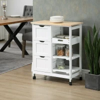 HOMCOM Rolling Kitchen Island Cart, Bar Serving Cart, Compact Trolley on Wheels with Wood Top, Shelves and Drawers (White)(m-1)