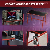 HOMCOM 55" Gaming Desk Gaming Table Home Office Desk with Durable Steel Frame, Game Station with Earphone Hook, Cup Holder, Under Table Wire Box, Game Handle Holder, Black(m-5)