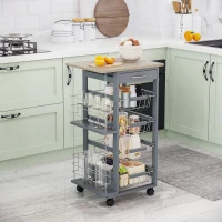 HOMCOM Rolling Kitchen Cart, Utility Storage Cart with 4 Baskets, Drawer, Side Racks, Wheels for Dining Room, Dark Grey(m-1)