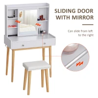 HOMCOM Dressing Table Set with Sliding Door, Mirror and Cushioned Stool, Makeup Vanity Dressing Table with 2 Drawers for Bedroom, White(m-4)