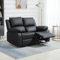 HOMCOM Double Reclining Loveseat, PU Leather Manual Recliner Sofa Chair with Pullback Control Footrest for Living Room, Black(m-6)