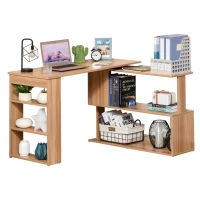 HOMCOM L Shaped Desk, 360° Rotating Corner Desk, Computer Writing Table Workstation with Storage Shelf for Home Office, Maple Brown(m-2)