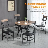 HOMCOM 5 Pieces Diner Tables Industrial Dining Room Sets for 4 People with Round Table Padded Seat and Steel Frame Brown(m-4)